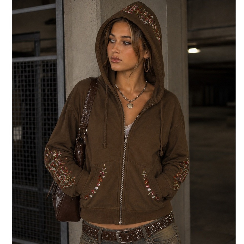VTG Y2K Pink Cattlelac L Zip Up Hoodie Brown Embroidered Floral Paisley Boho